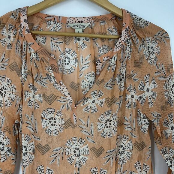 Lucky Brand Top Size Small Women Coral Silk Riviera Floral Print Peasant Sheer - Picture 2 of 8